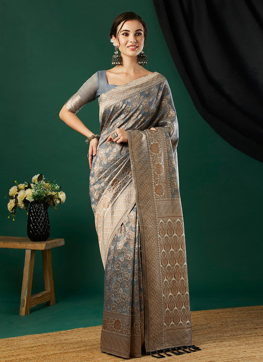 Casual Jacquard Work Linen Grey Saree - S11258