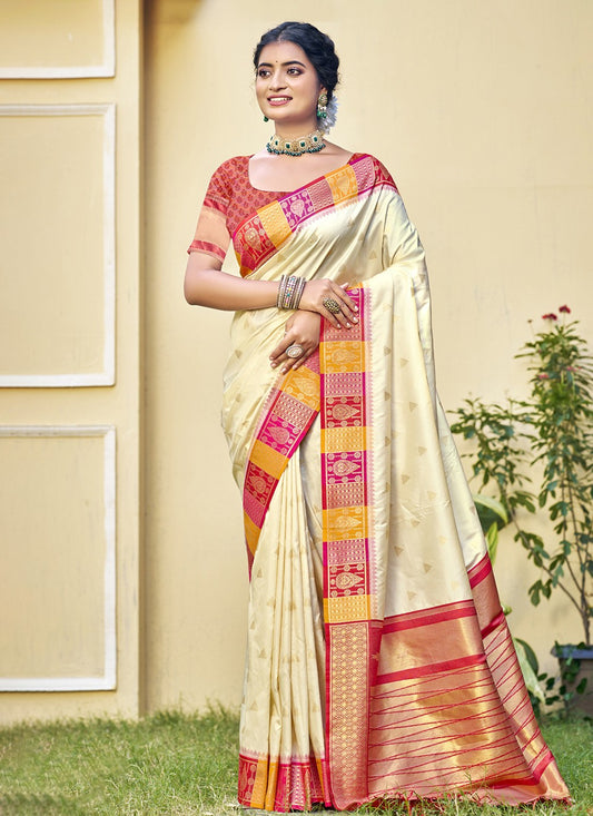 Classic Woven Silk Cream Saree - S11451