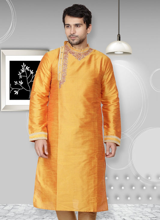 Embroidered Art Dupion Silk Yellow Kurta - M1325