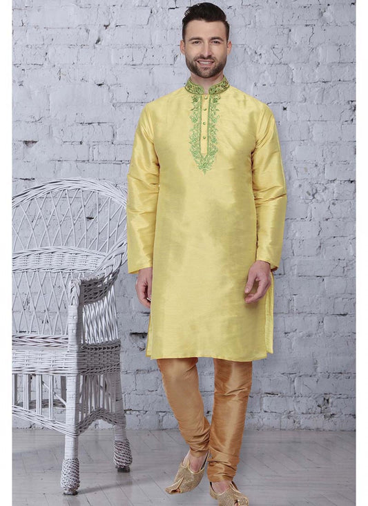 Embroidered Art Dupion Silk Yellow Kurta Pyjama - M1529