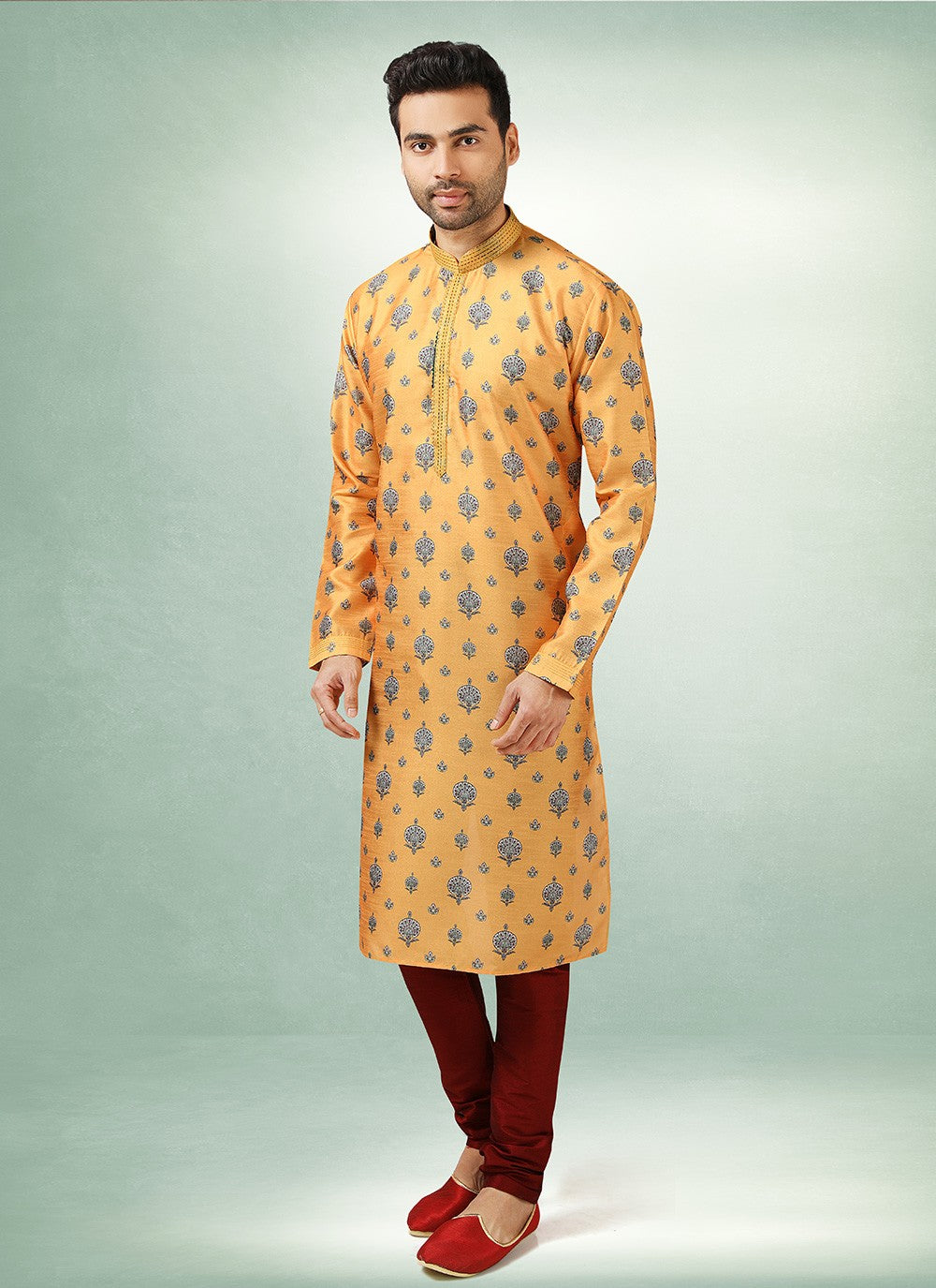 Printed Art Silk Yellow Kurta Pyjama - M2867