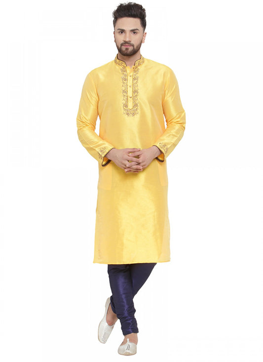 Embroidered Art Silk Yellow Kurta Pyjama - M1389