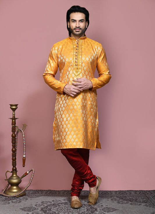 Resham Art Silk Yellow Kurta Pyjama - M7899