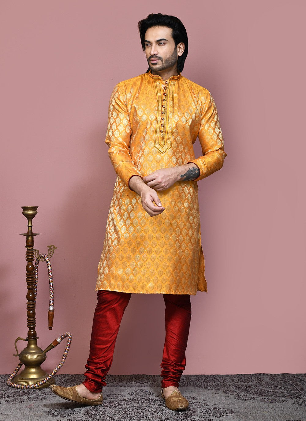 Resham Art Silk Yellow Kurta Pyjama - M7899