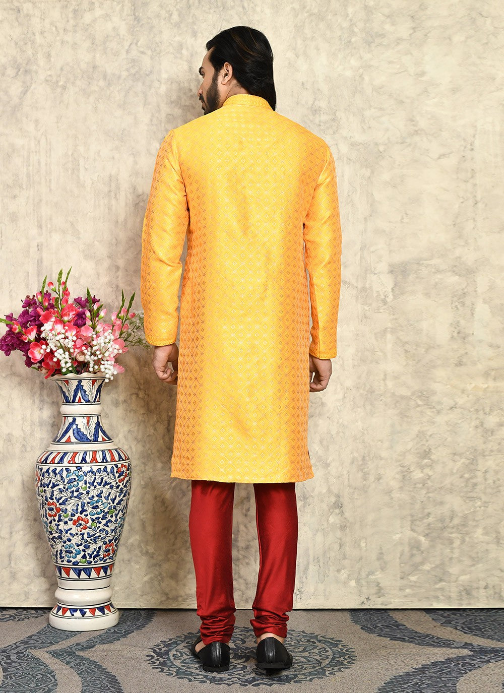 Machine Embroidery Art Silk Yellow Kurta Pyjama - M7942