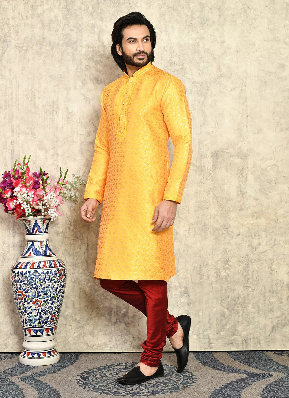 Machine Embroidery Art Silk Yellow Kurta Pyjama - M7942