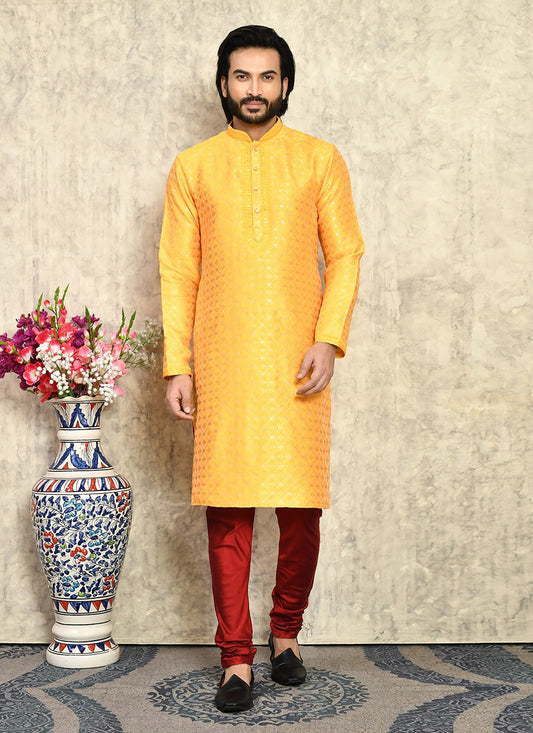 Machine Embroidery Art Silk Yellow Kurta Pyjama - M7942