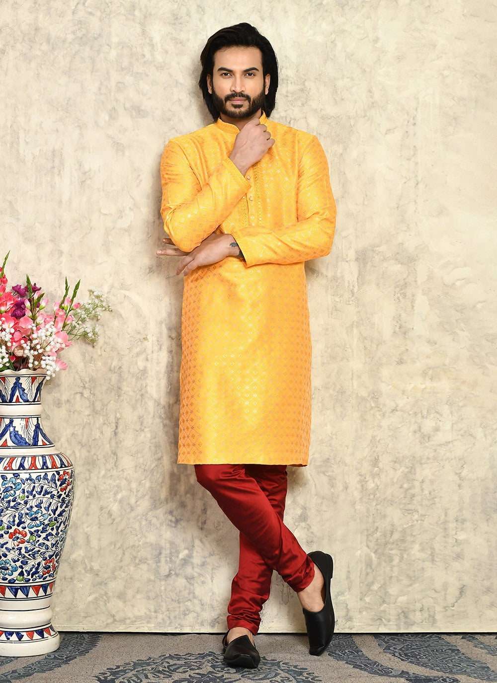 Machine Embroidery Art Silk Yellow Kurta Pyjama - M7942