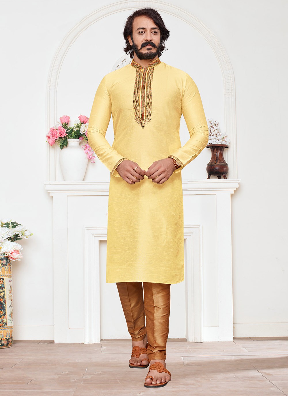 Embroidered Art Silk Yellow Kurta Pyjama - M2325