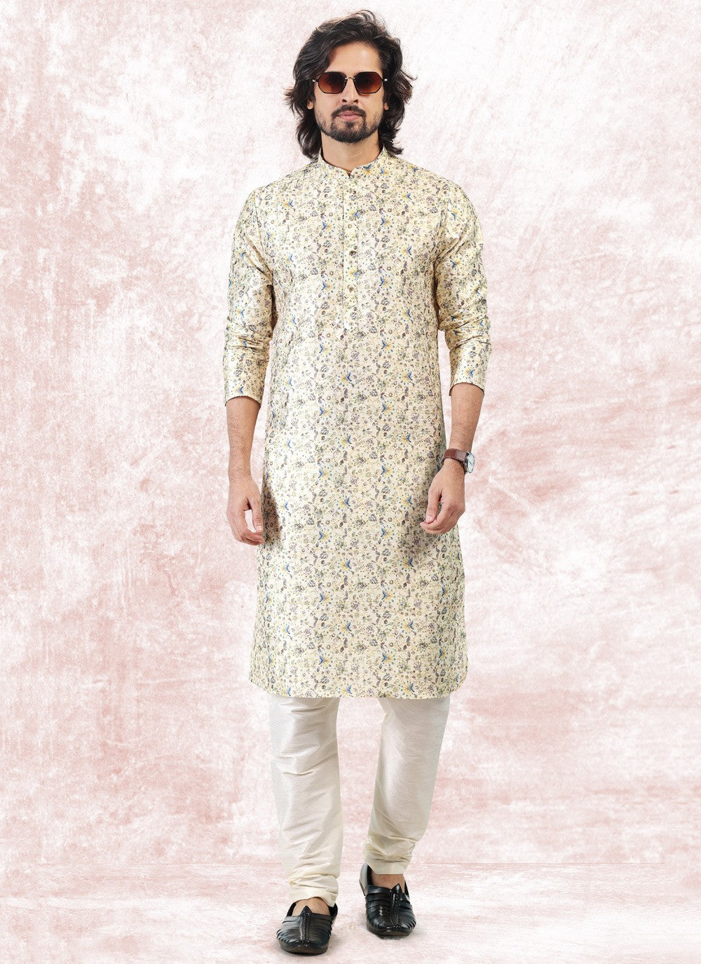 Fancy Work Banarasi Jacquard Yellow Kurta Pyjama - M5182