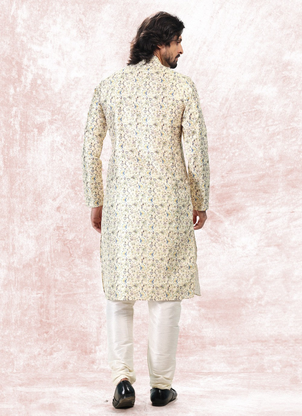 Fancy Work Banarasi Jacquard Yellow Kurta Pyjama - M5182