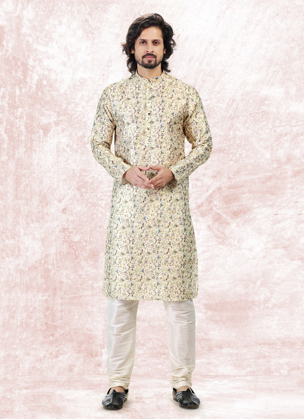 Fancy Work Banarasi Jacquard Yellow Kurta Pyjama - M5182