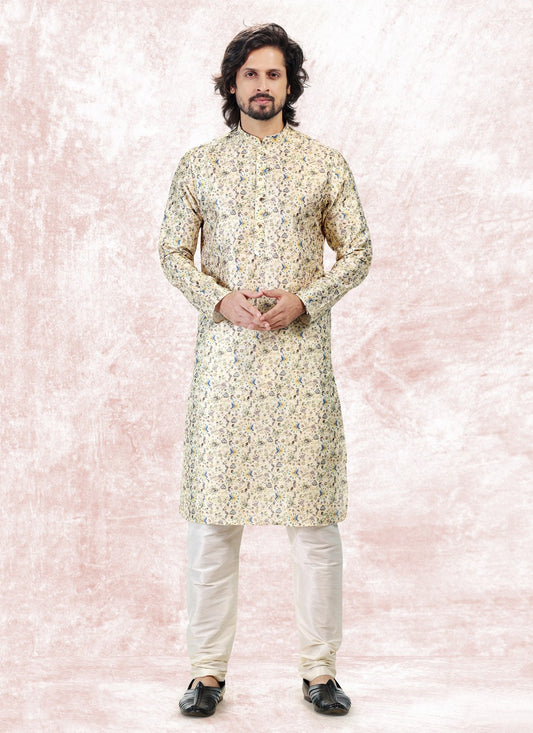 Fancy Work Banarasi Jacquard Yellow Kurta Pyjama - M5182