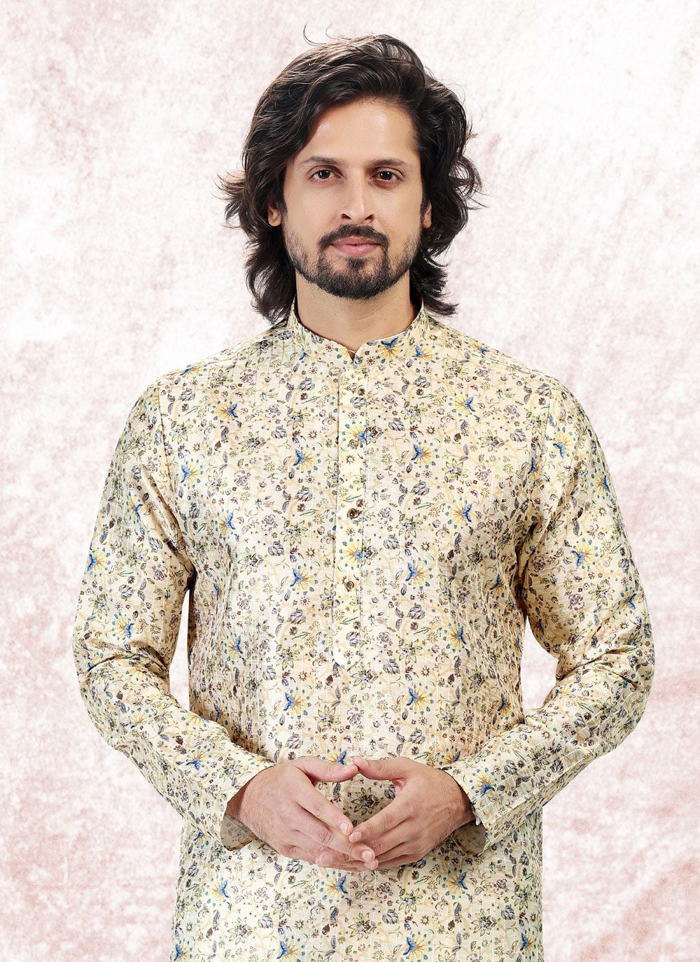 Fancy Work Banarasi Jacquard Yellow Kurta Pyjama - M5182