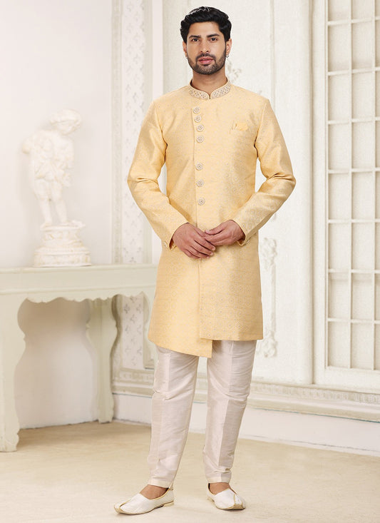 Embroidered Banarasi Jacquard Yellow Indo Western - M5243