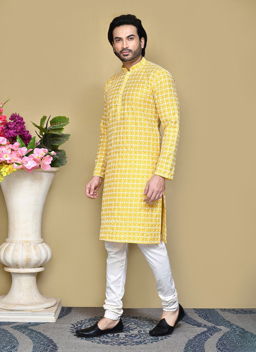 Buttons Cotton Yellow Kurta Pyjama - M7784