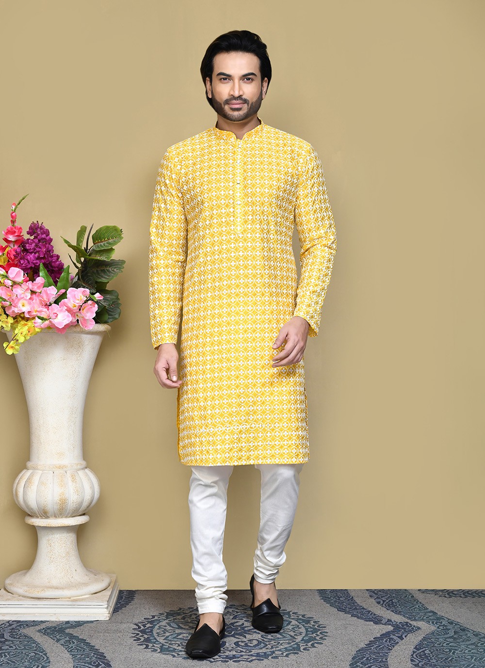 Buttons Cotton Yellow Kurta Pyjama - M7784