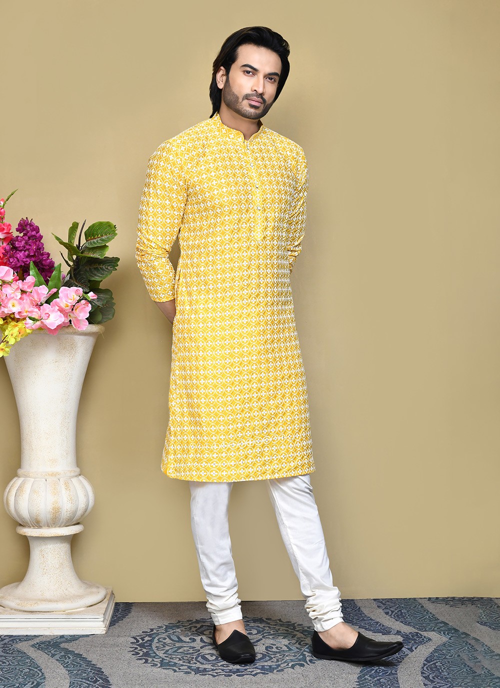 Buttons Cotton Yellow Kurta Pyjama - M7784