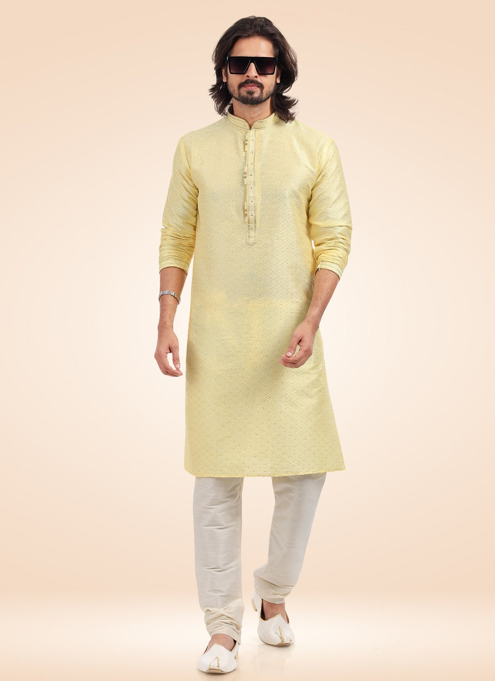 Fancy Work Banarasi Jacquard Yellow Kurta Pyjama - M4576