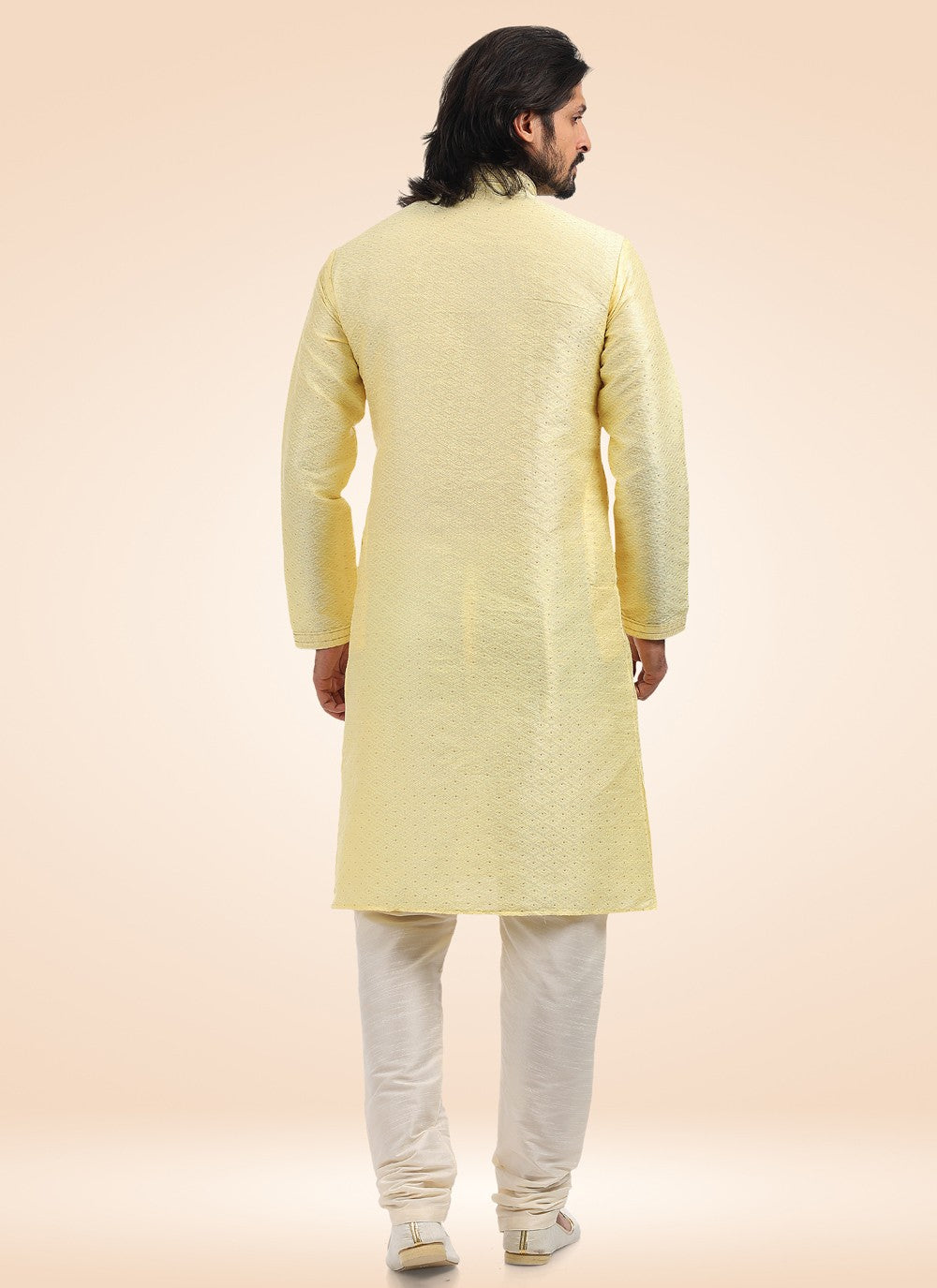 Fancy Work Banarasi Jacquard Yellow Kurta Pyjama - M4576