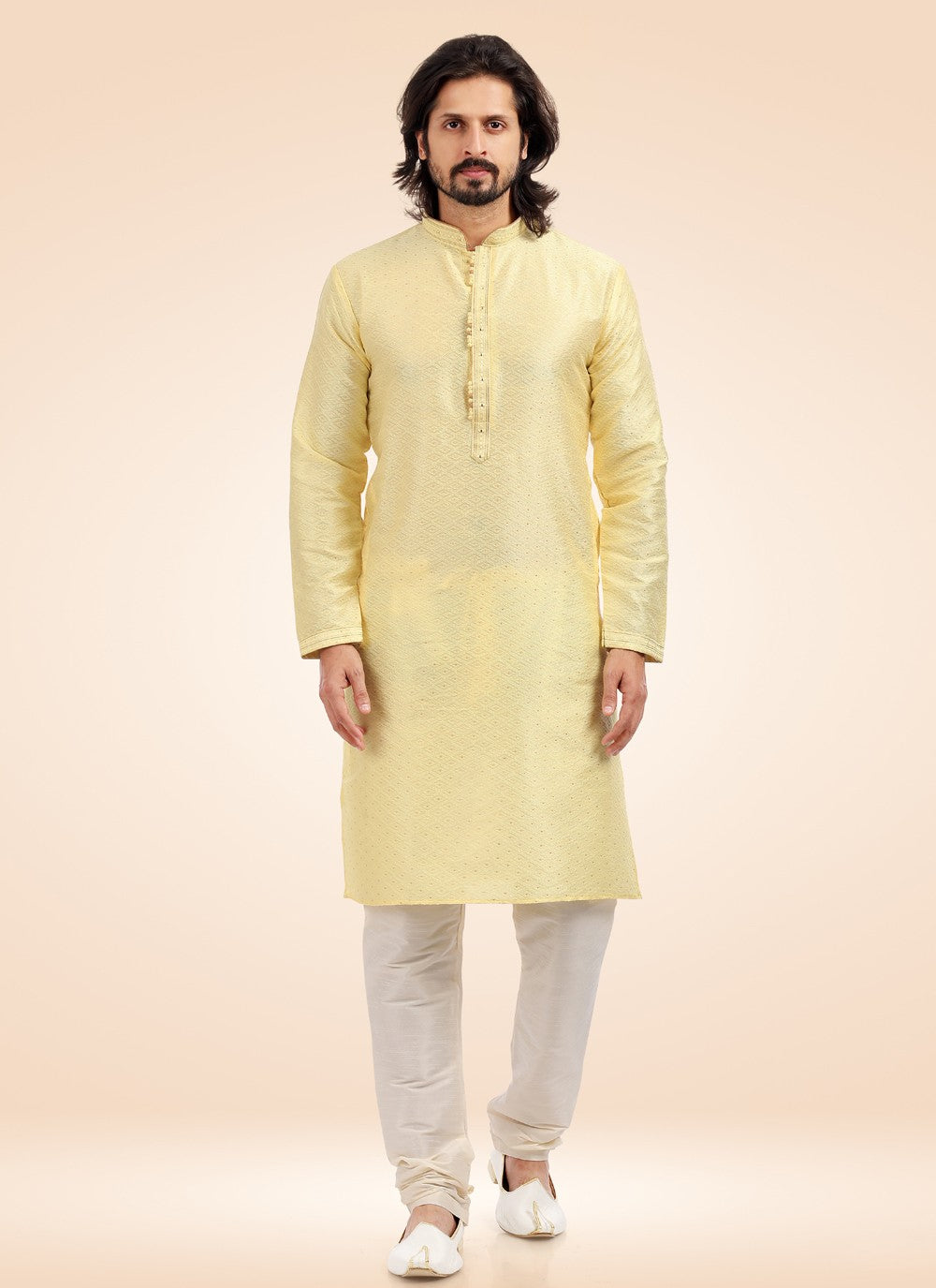 Fancy Work Banarasi Jacquard Yellow Kurta Pyjama - M4576