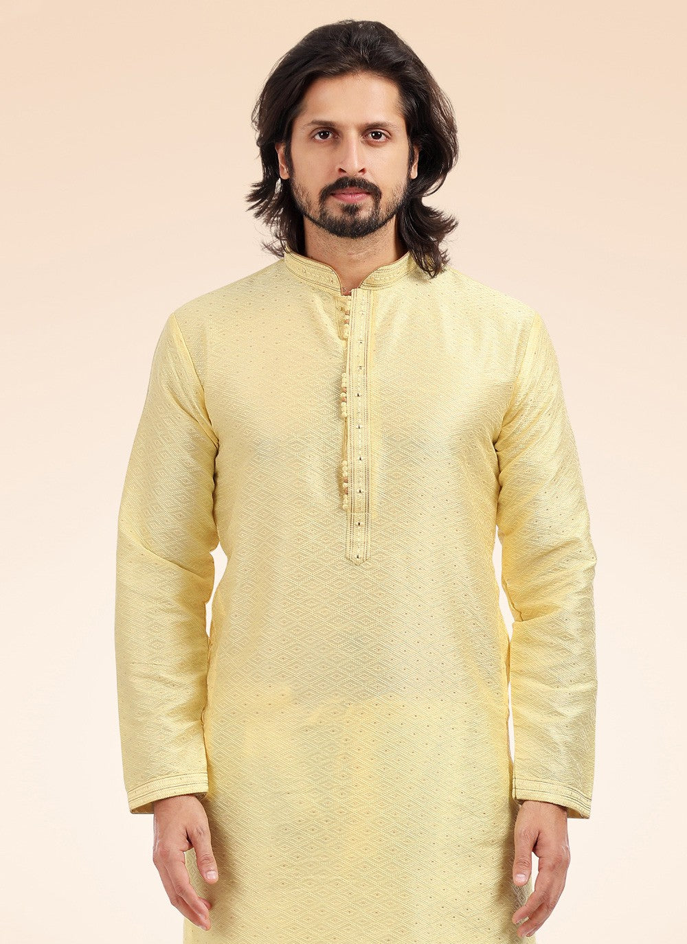 Fancy Work Banarasi Jacquard Yellow Kurta Pyjama - M4576