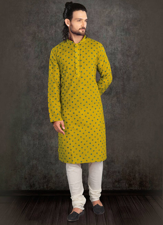 Printed Cotton Yellow Kurta Pyjama - M2167