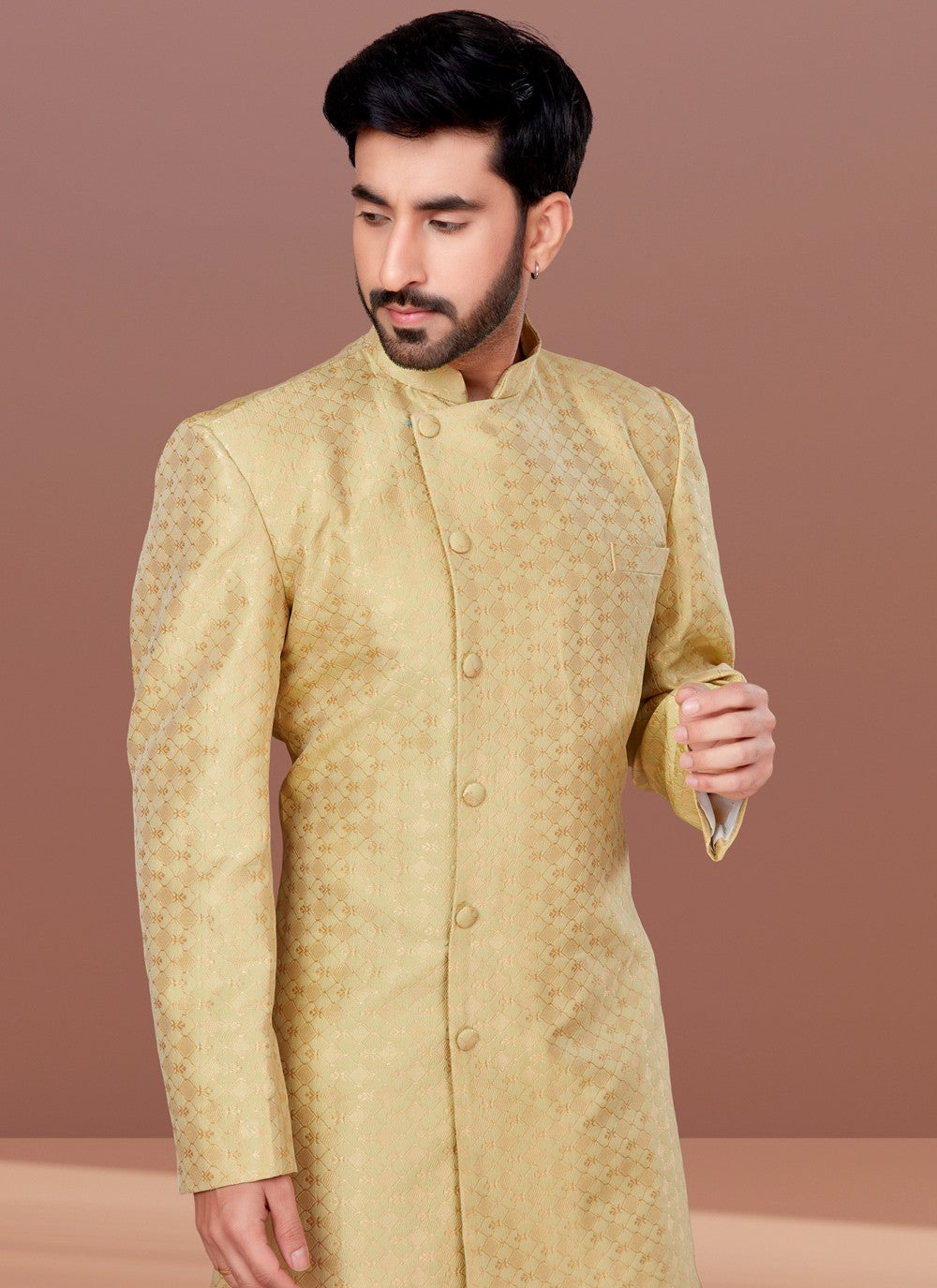 Fancy Work Jacquard Yellow Indo Western - M4643