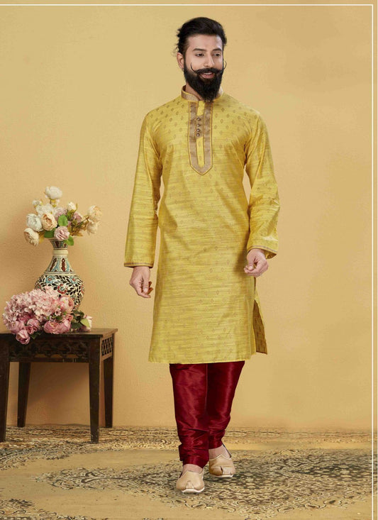 Embroidered Jacquard Silk Yellow Kurta Pyjama - M1841