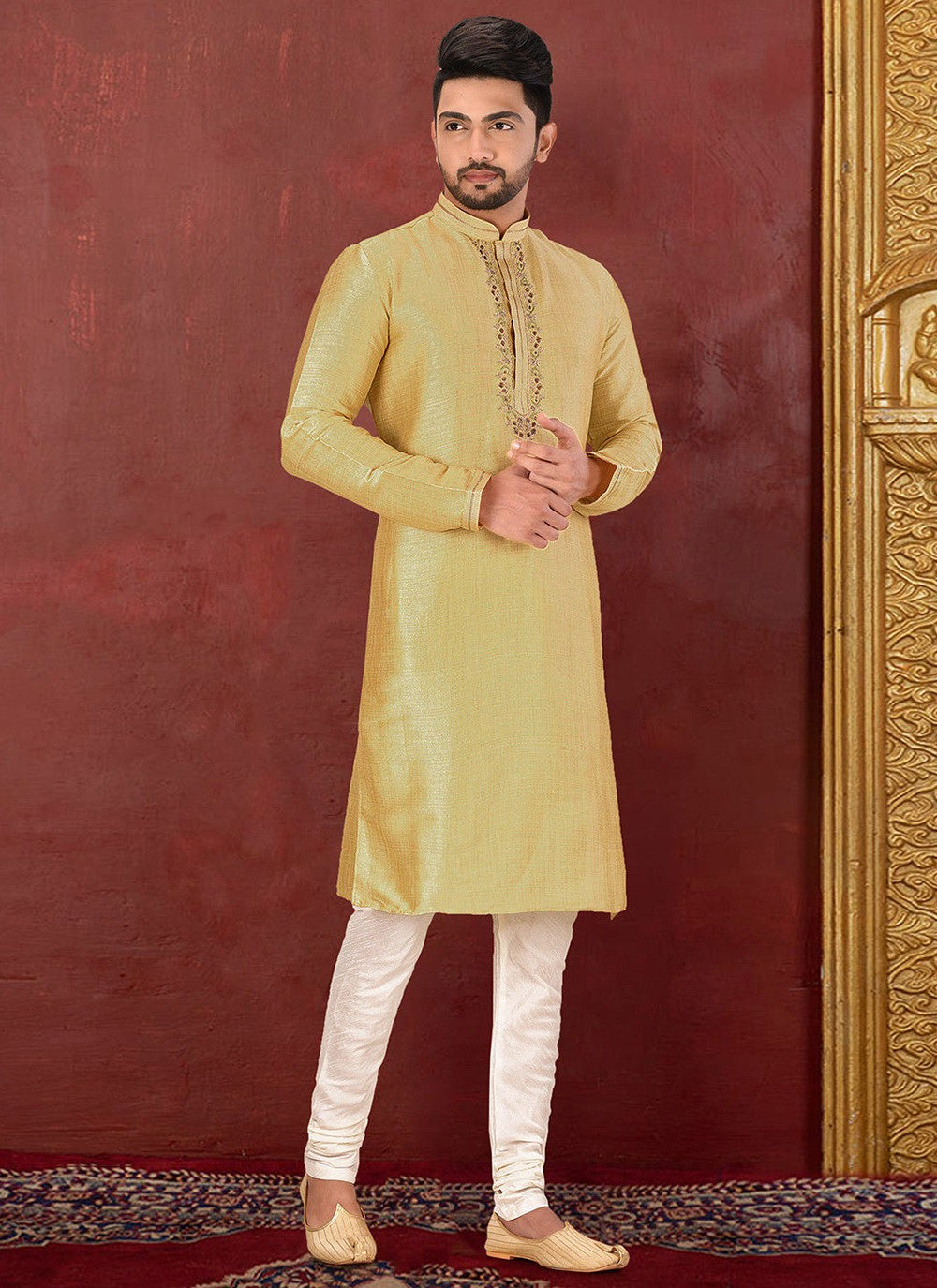 Embroidered Malbari Silk Yellow Kurta Pyjama - M2731