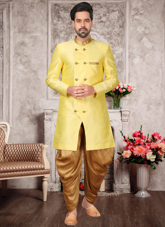 Buttons Brocade, Silk Yellow Indo Western Sherwani - M2992