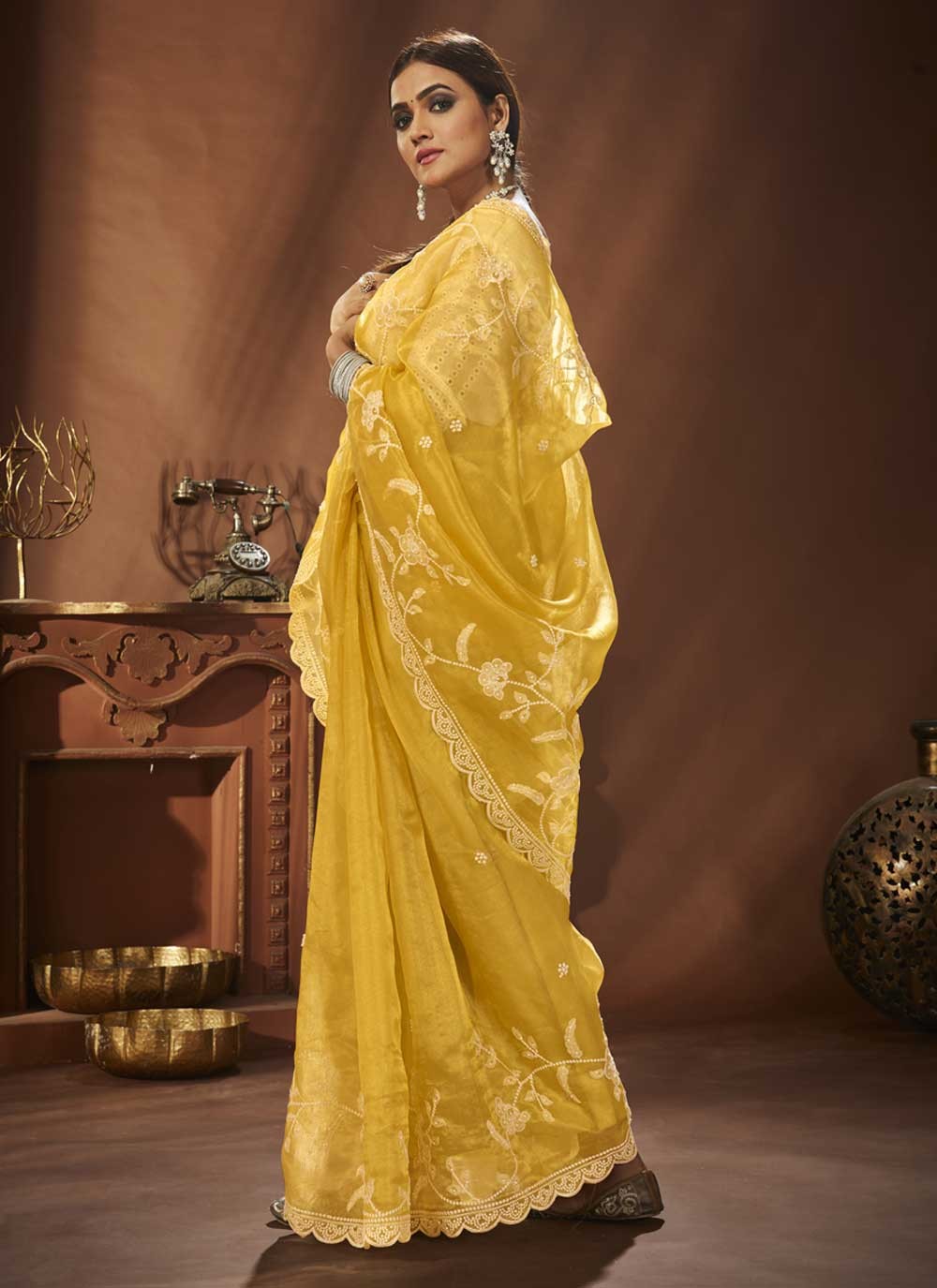 Trendy Embroidered Khadi, Organza Saree - S3643