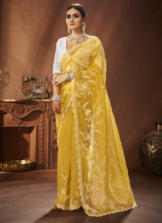 Trendy Embroidered Khadi, Organza Saree - S3643