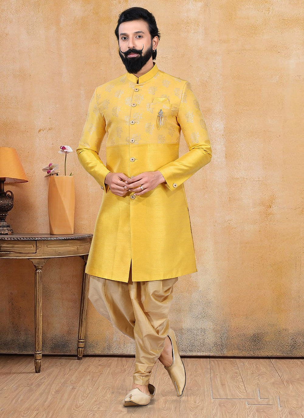 Fancy Work Jacquard Silk Yellow Dhoti Kurta - M3373