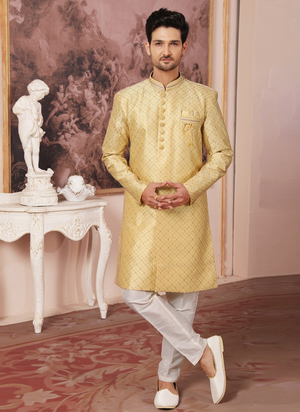 Embroidered Art Silk Yellow Indo Western - M4426