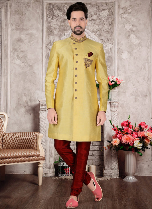 Hand Embroidery Silk Yellow Indo Western Sherwani - M3004