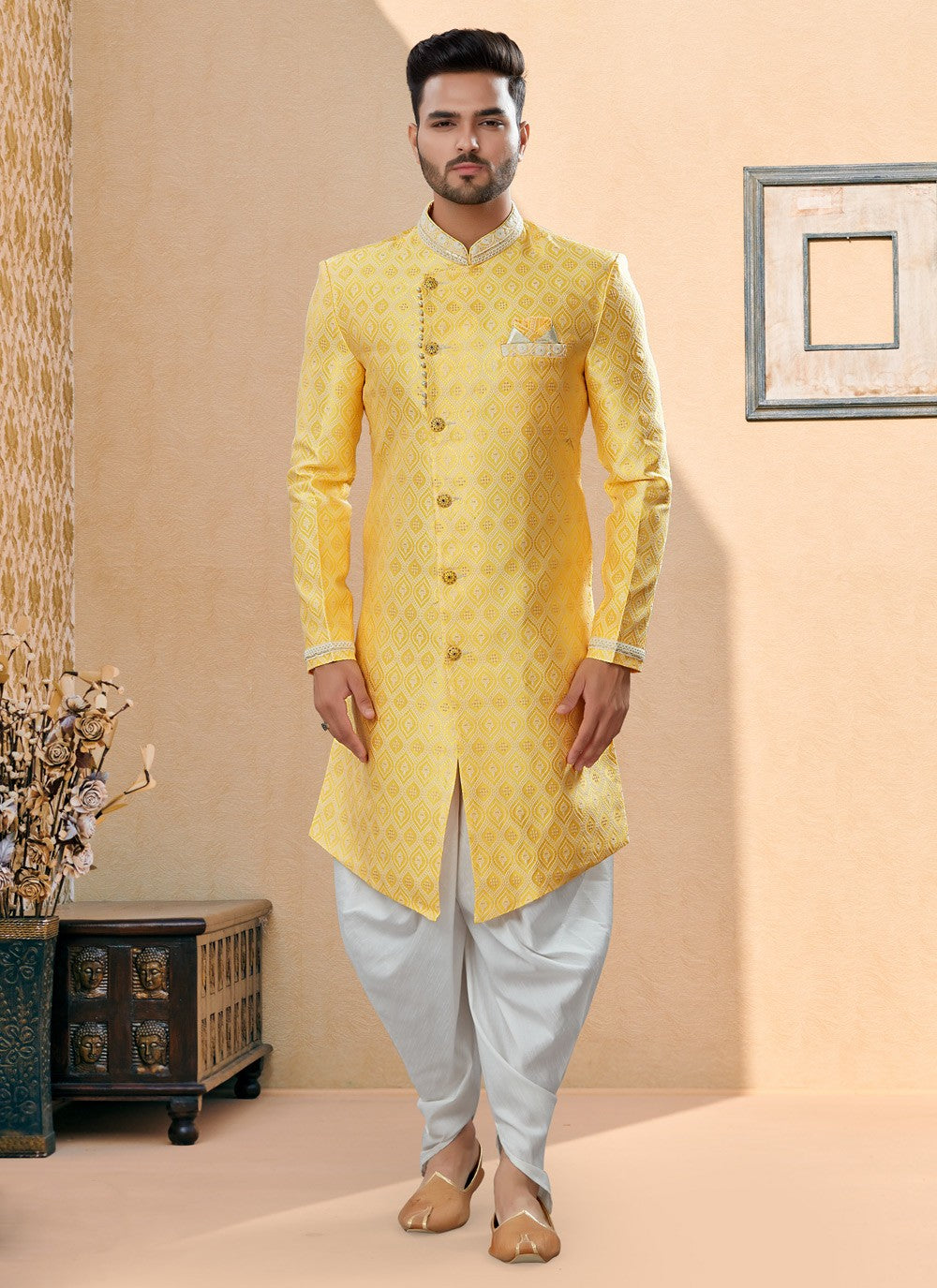 Thread Banarasi Jacquard Yellow Indo Western Sherwani - M3902