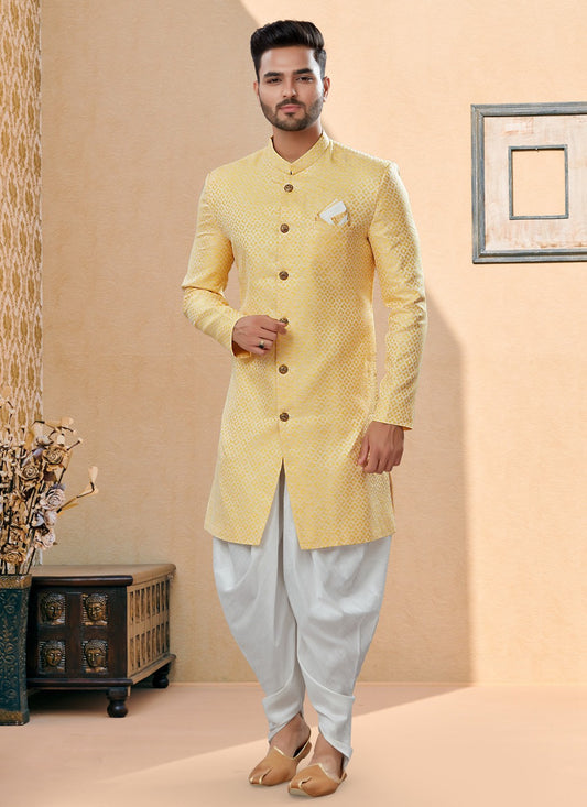 Thread Banarasi Jacquard Yellow Indo Western Sherwani - M3936