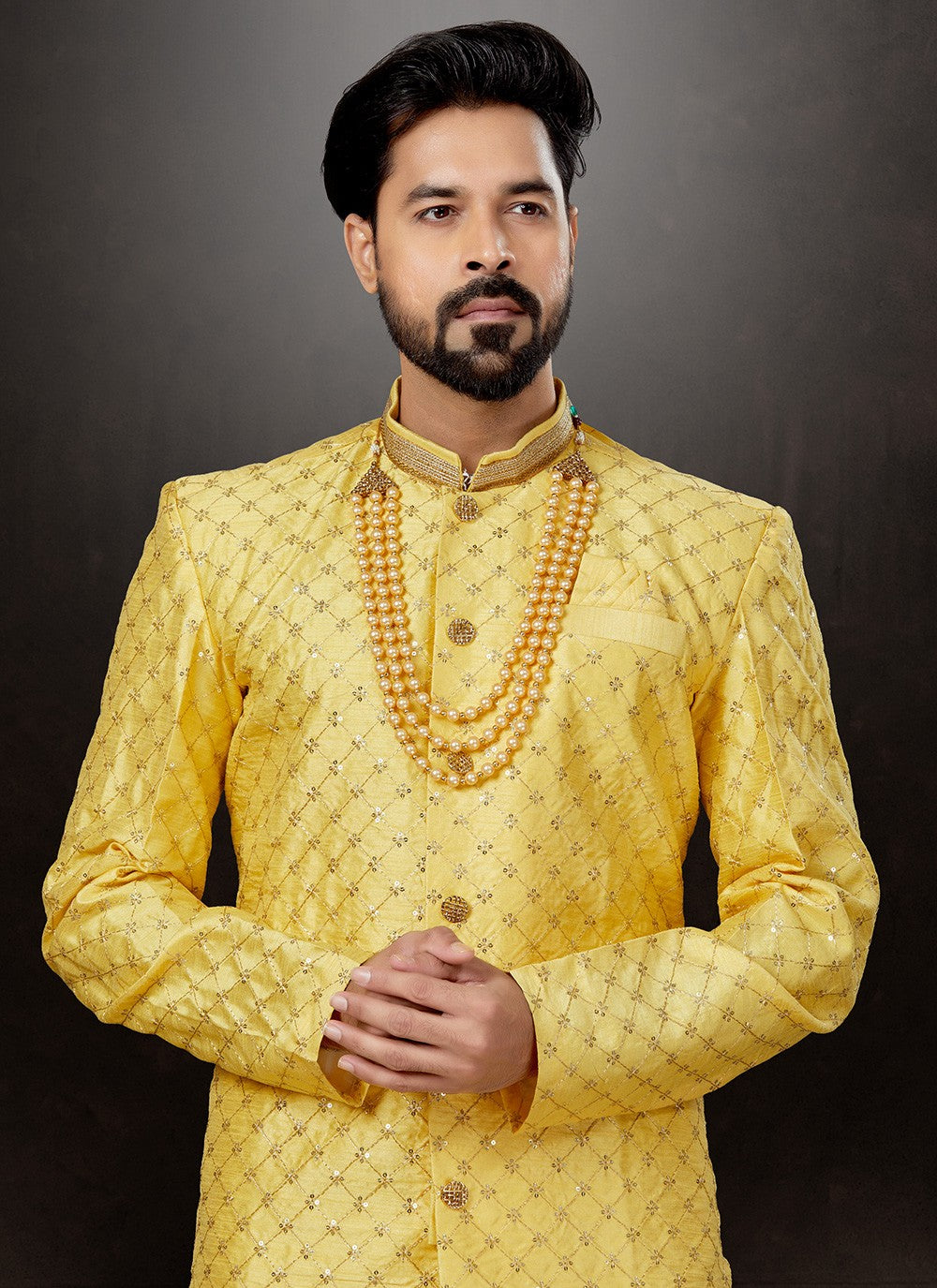 Embroidered Banarasi Jacquard Yellow Indo Western Sherwani - M4817