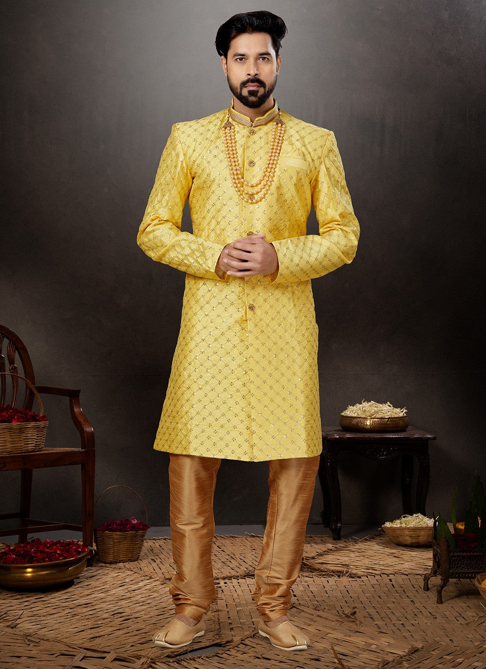 Embroidered Banarasi Jacquard Yellow Indo Western Sherwani - M4817