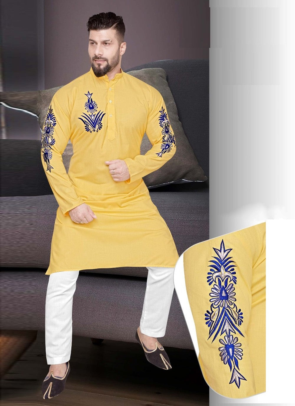 Resham Cotton Yellow Kurta Pyjama - M2199