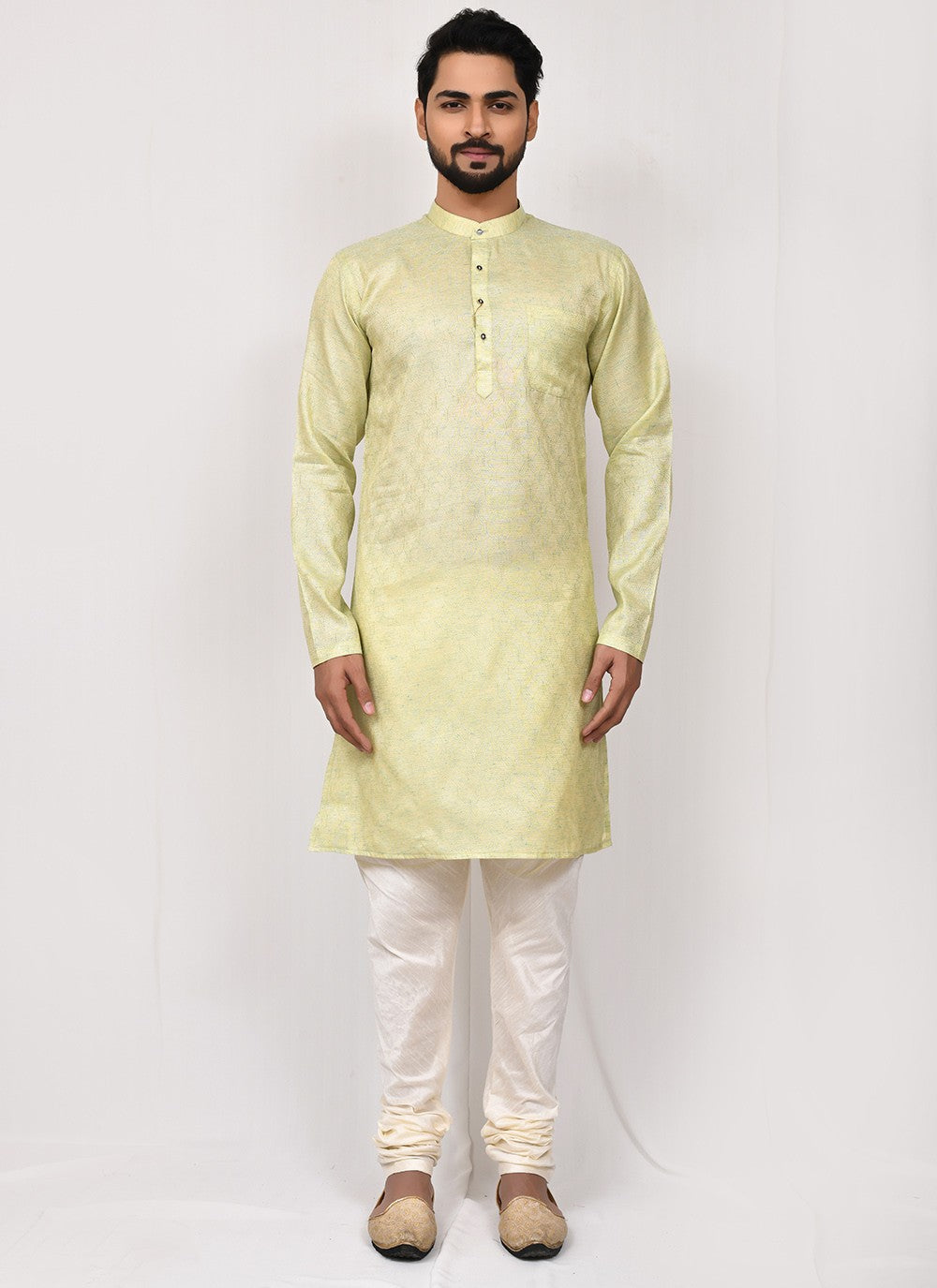 Printed Jacquard Yellow Kurta Pyjama - M2526