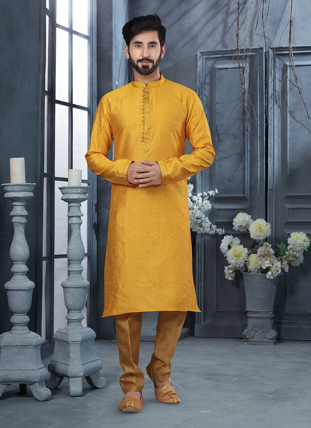 Thread Jacquard Silk Yellow Kurta Pyjama - M3009