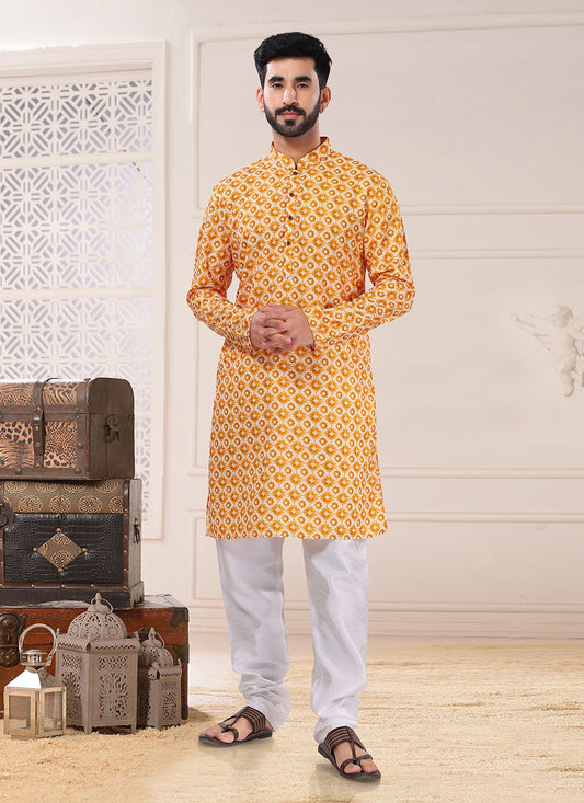 Fancy Work Cotton Yellow Kurta Pyjama - M4713