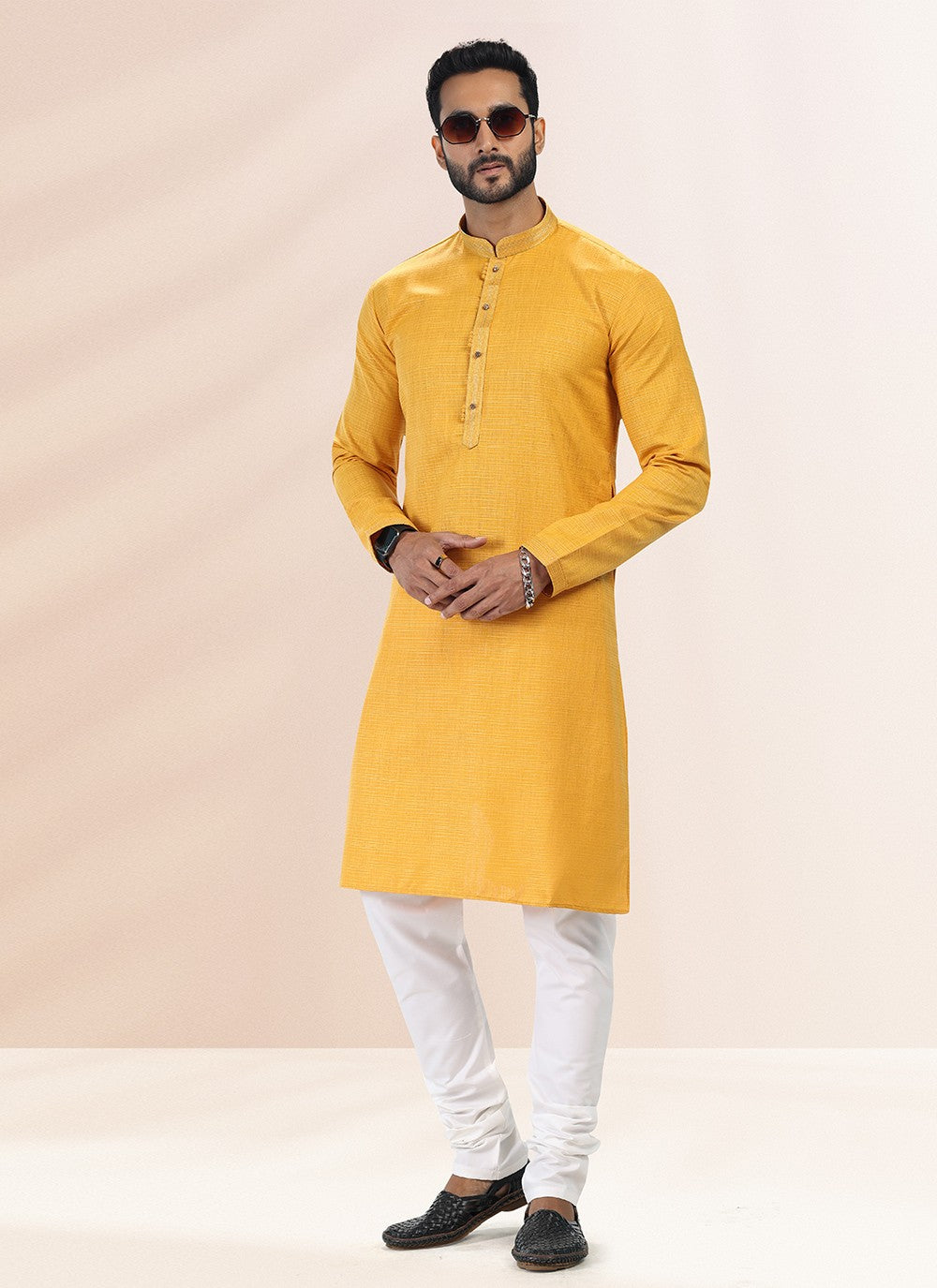 Plain Cotton , Linen Yellow Kurta Pyjama - M4911