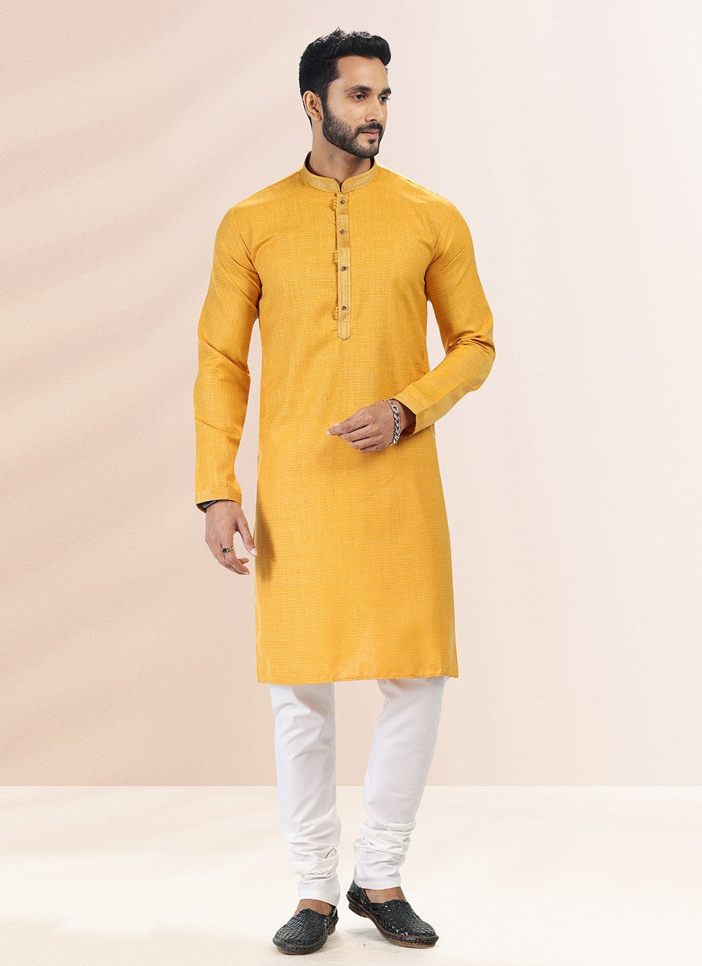 Plain Cotton , Linen Yellow Kurta Pyjama - M4911