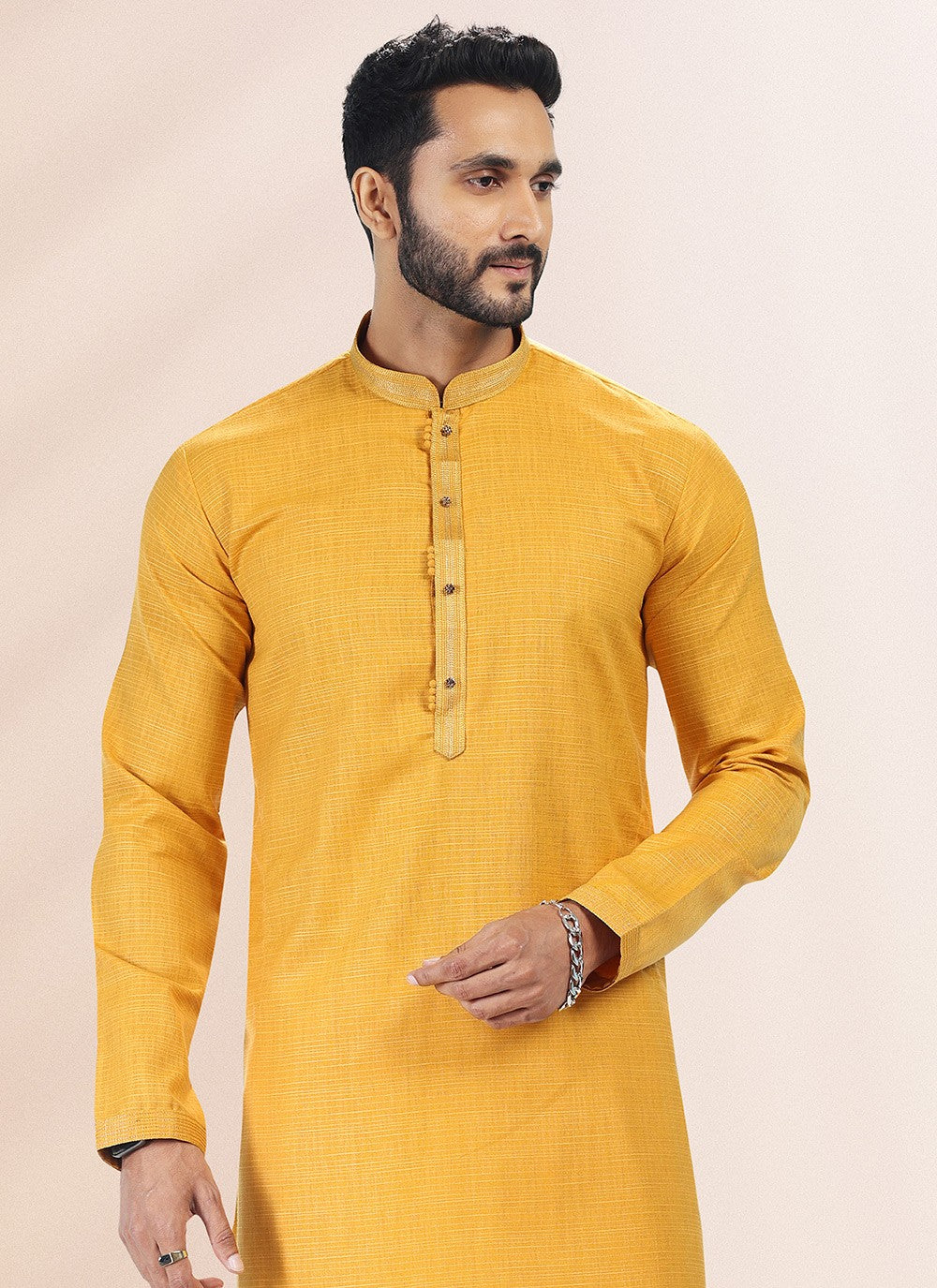 Plain Cotton , Linen Yellow Kurta Pyjama - M4911