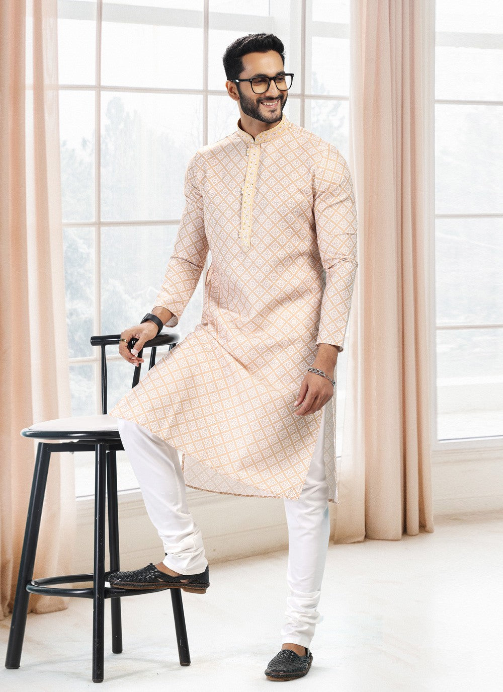 Fancy Work Cotton Yellow Kurta Pyjama - M5124