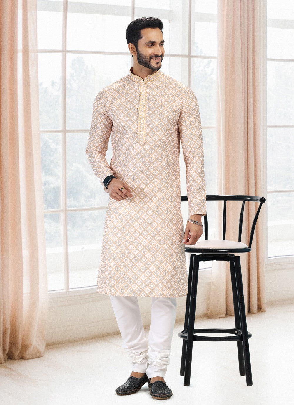 Fancy Work Cotton Yellow Kurta Pyjama - M5124