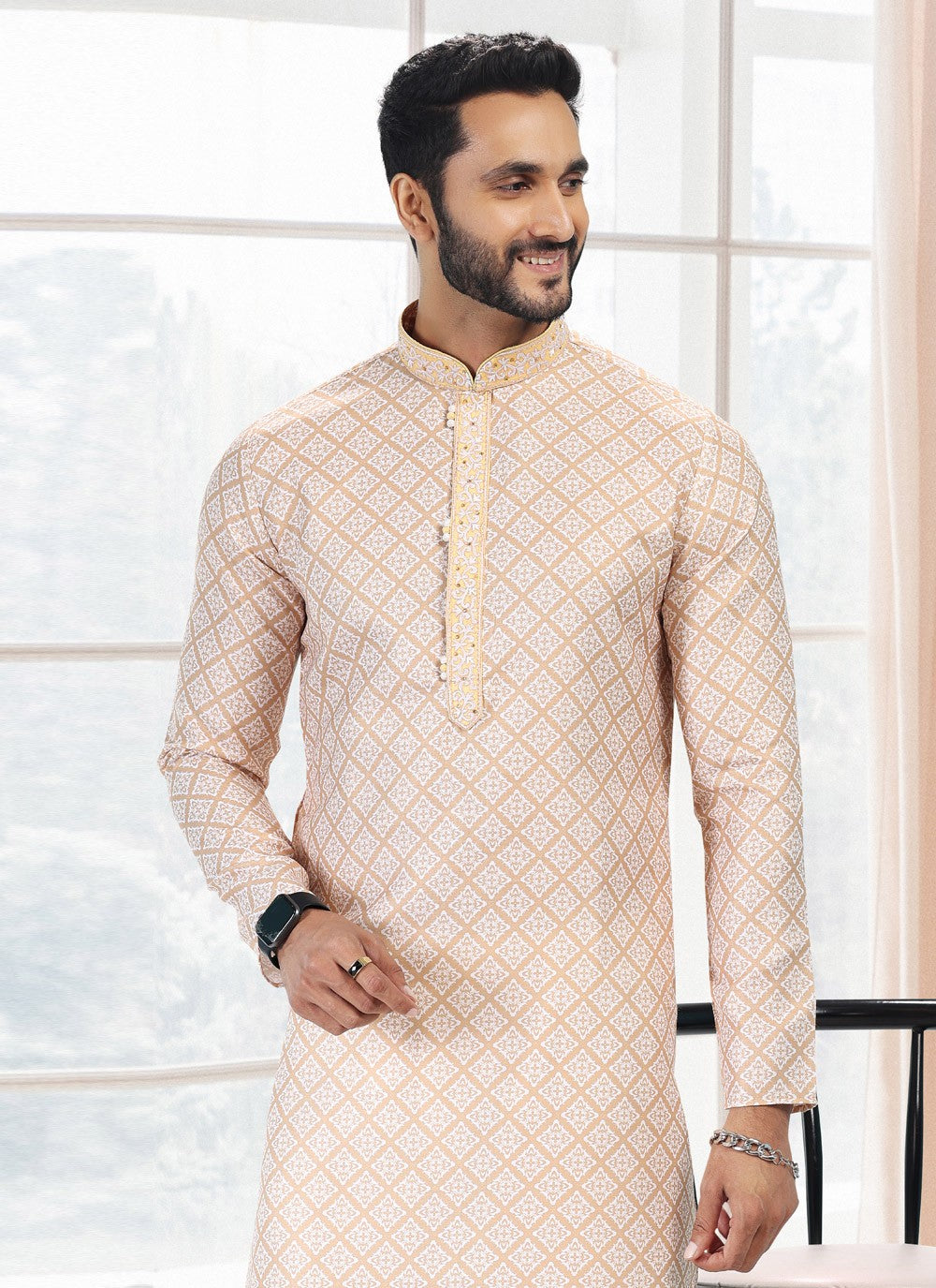 Fancy Work Cotton Yellow Kurta Pyjama - M5124